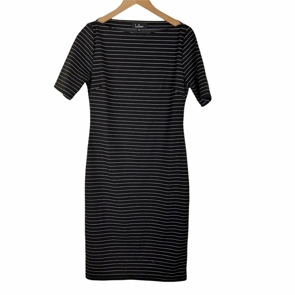 Lulus Women's T Shirt Dress Size LRG Black White Striped Short Sleeve Boat Neck